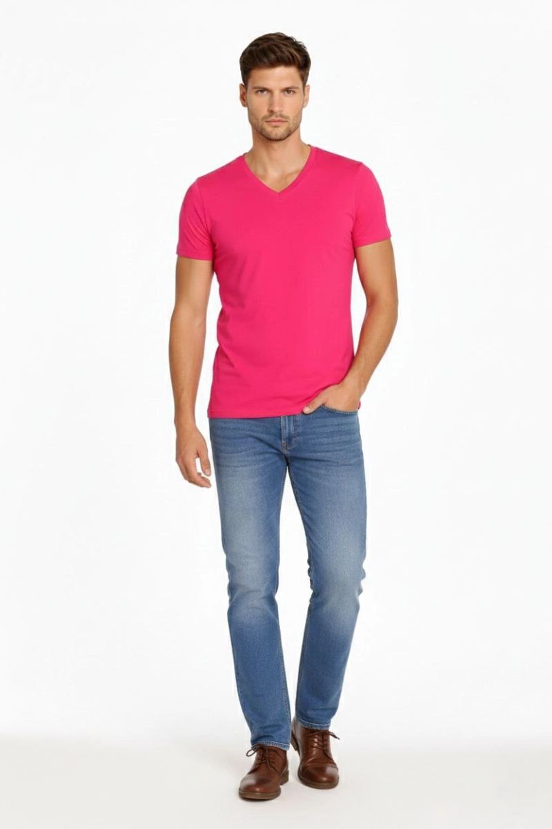 Erkek Body T-shirt V Yaka Slim Fit Likralı Kısa kol Tişört - Pembe