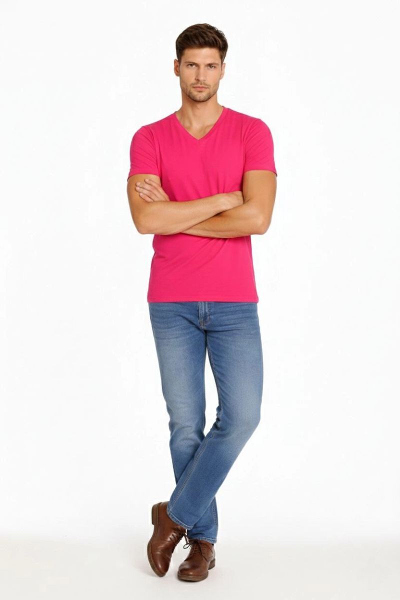 Erkek Body T-shirt V Yaka Slim Fit Likralı Kısa kol Tişört - Pembe