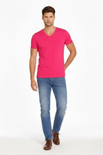 Erkek Body T-shirt V Yaka Slim Fit Likralı Kısa kol Tişört - Pembe