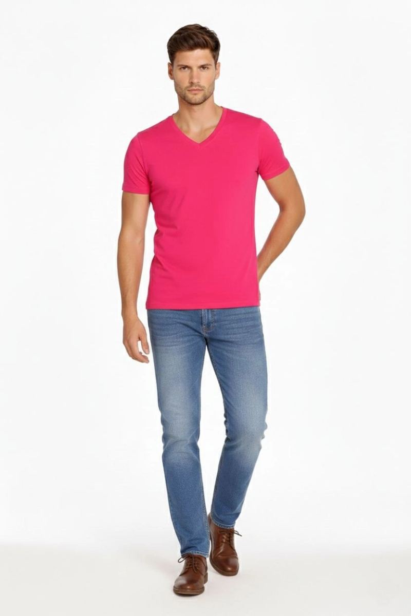Erkek Body T-shirt V Yaka Slim Fit Likralı Kısa kol Tişört - Pembe