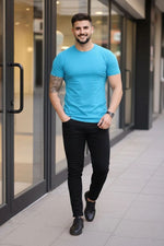 Erkek Body Tişört Bisiklet Yaka Slim Fit Likralı T-Shirt - Açık Mavi