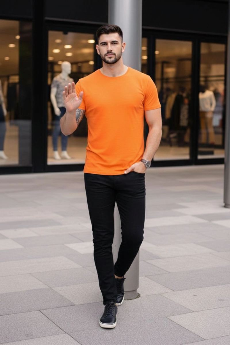 Erkek Body Tişört Bisiklet Yaka Slim Fit Likralı T-Shirt - Turuncu