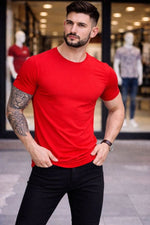 Erkek Body Tişört Bisiklet Yaka Slim Fit Likralı T-Shirt - Kırmızı