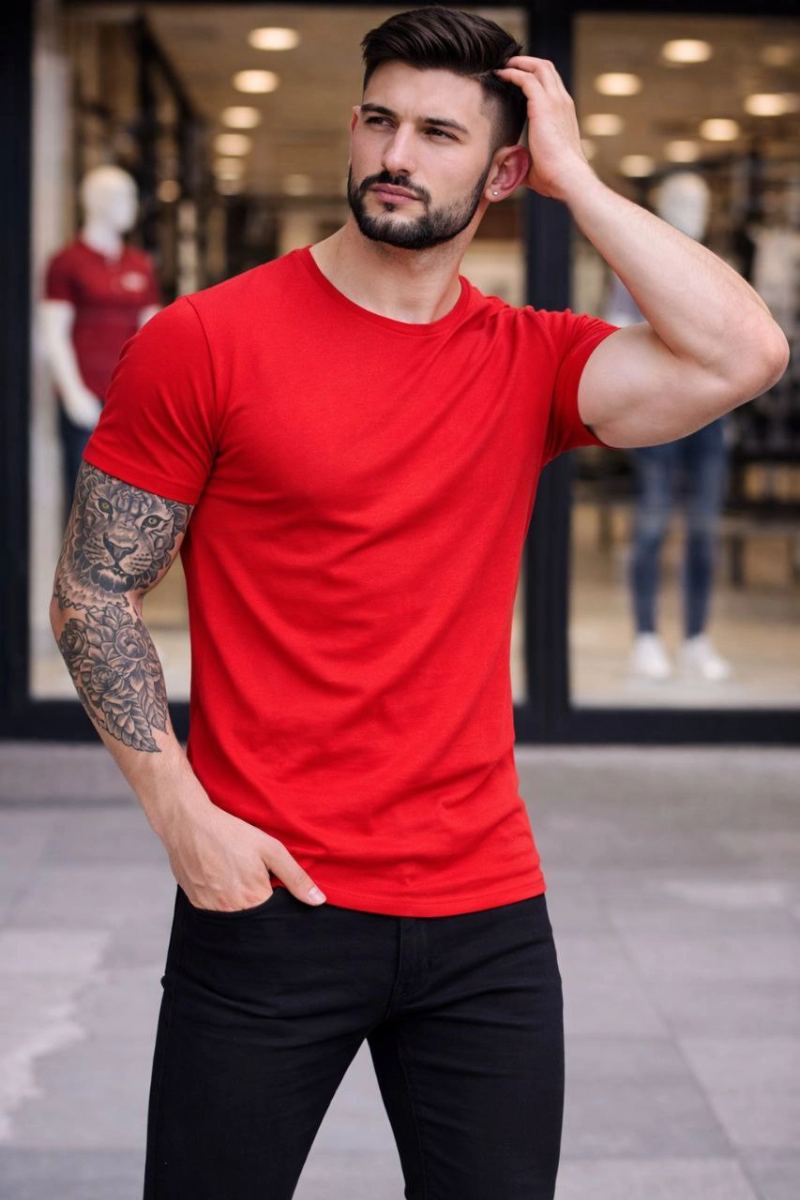 Erkek Body Tişört Bisiklet Yaka Slim Fit Likralı T-Shirt - Kırmızı