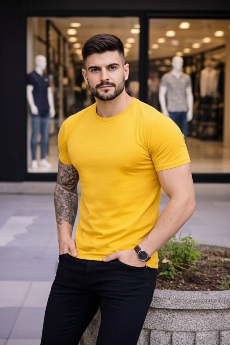Erkek Body Tişört Bisiklet Yaka Slim Fit Likralı T-Shirt - Sarı