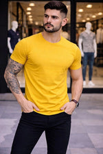 Erkek Body Tişört Bisiklet Yaka Slim Fit Likralı T-Shirt - Sarı