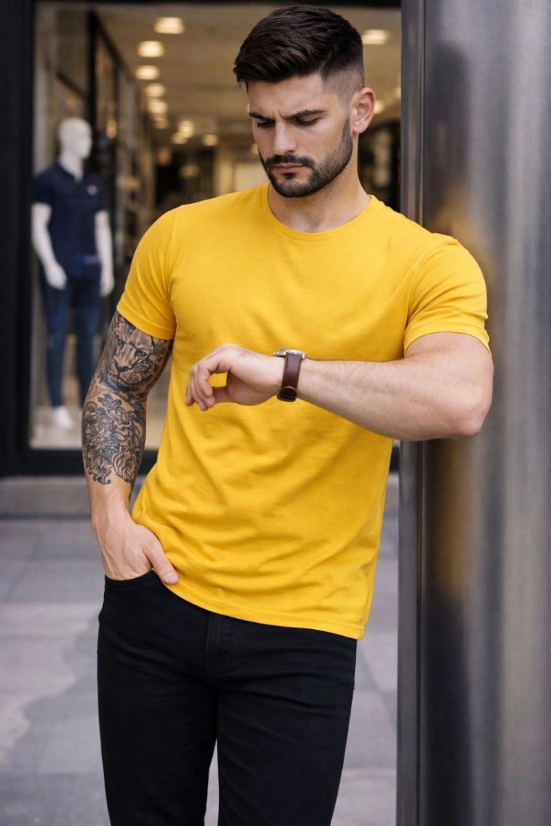 Erkek Body Tişört Bisiklet Yaka Slim Fit Likralı T-Shirt - Sarı