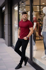 Erkek Body Tişört Bisiklet Yaka Slim Fit Likralı T-Shirt - Bordo