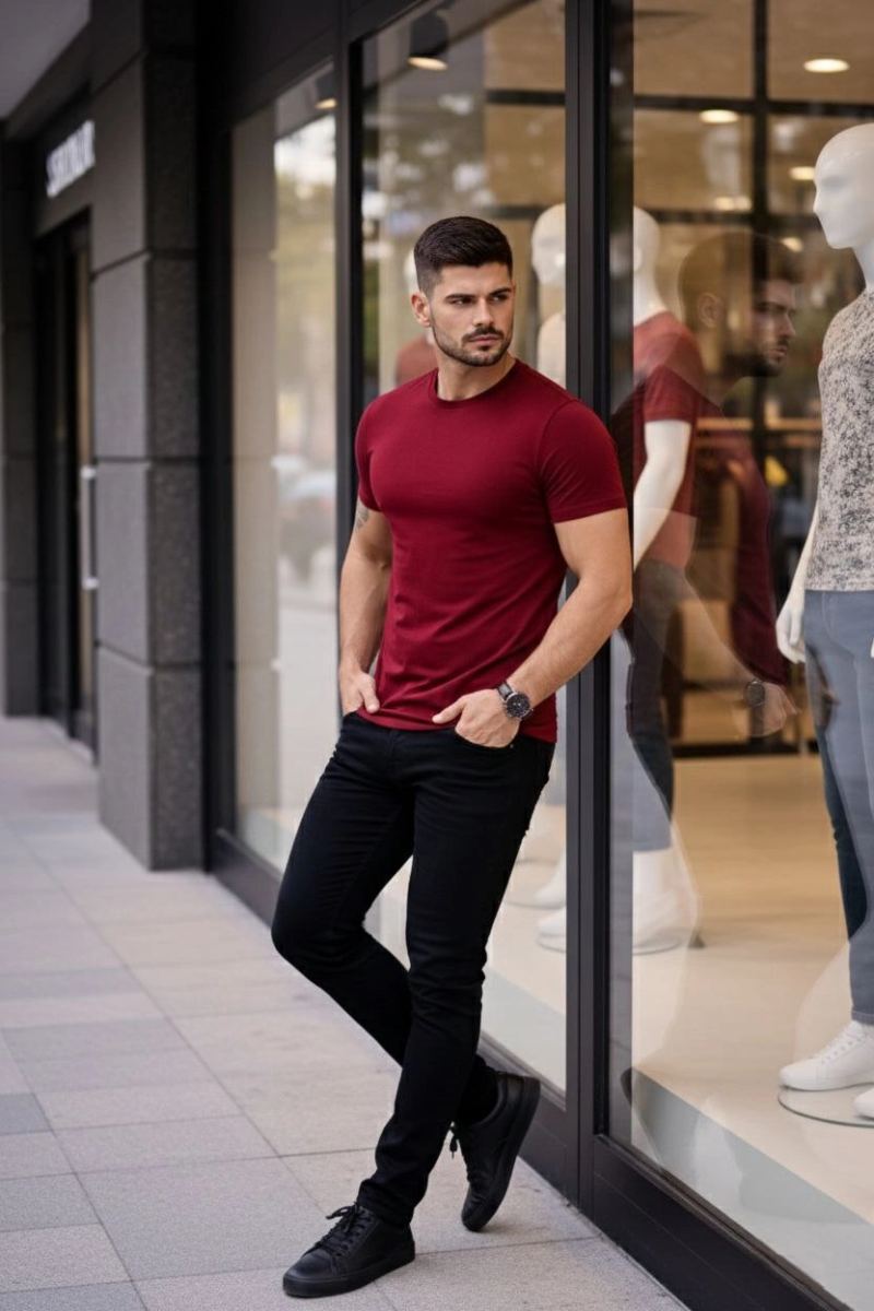Erkek Body Tişört Bisiklet Yaka Slim Fit Likralı T-Shirt - Bordo