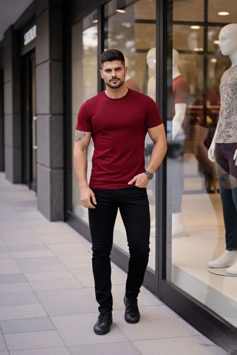 Erkek Body Tişört Bisiklet Yaka Slim Fit Likralı T-Shirt - Bordo