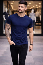 Erkek Body Tişört Bisiklet Yaka Slim Fit Likralı T-Shirt - Lacivert