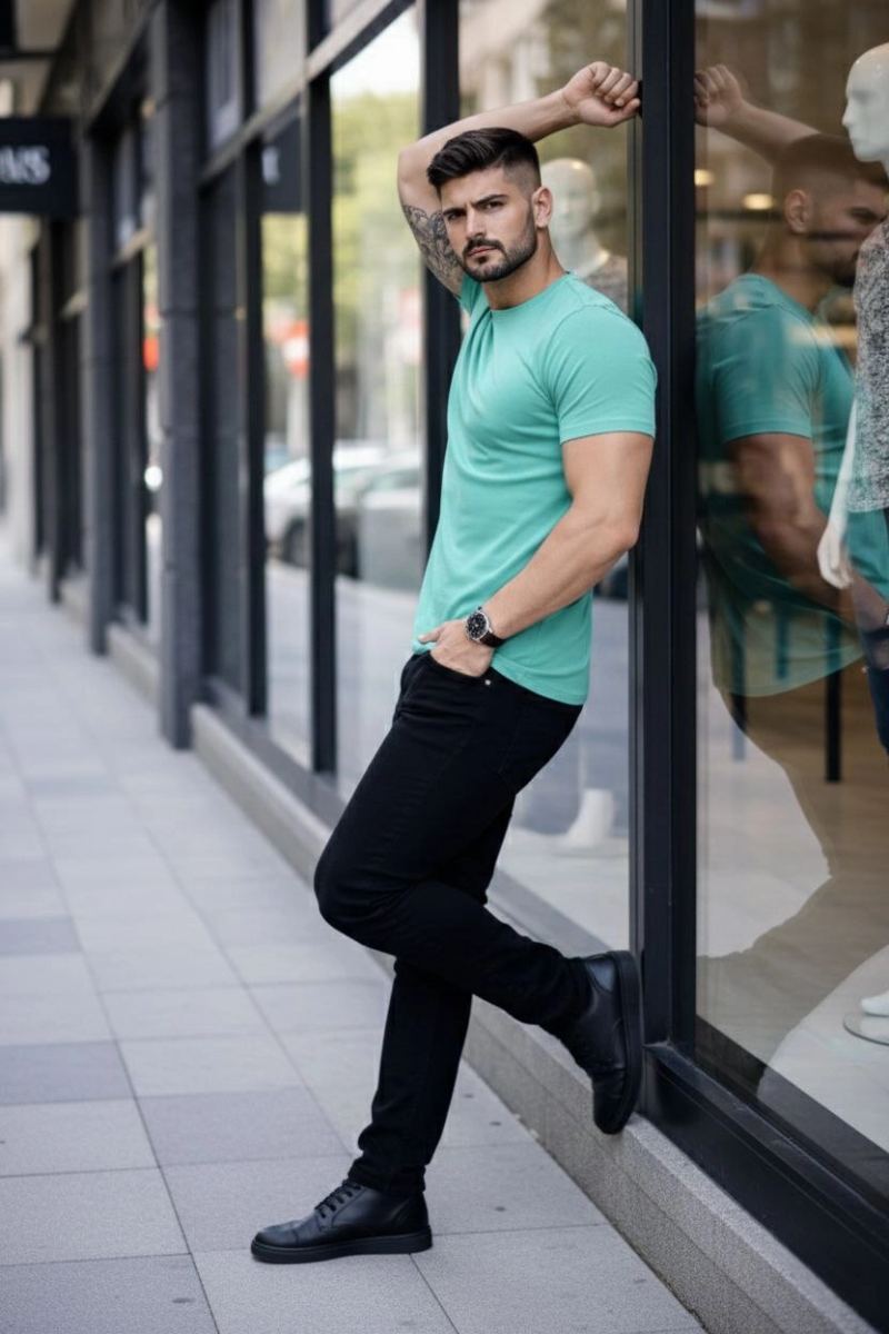 Erkek Body Tişört Bisiklet Yaka Slim Fit Likralı T-Shirt - Turkuvaz