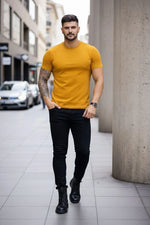 Erkek Body Tişört Bisiklet Yaka Slim Fit Likralı T-Shirt - Limon