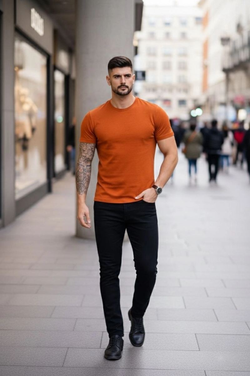 Erkek Body Tişört Bisiklet Yaka Slim Fit Likralı T-Shirt - Koyu Turuncu