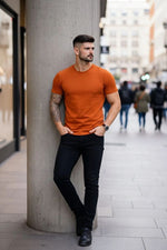 Erkek Body Tişört Bisiklet Yaka Slim Fit Likralı T-Shirt - Koyu Turuncu