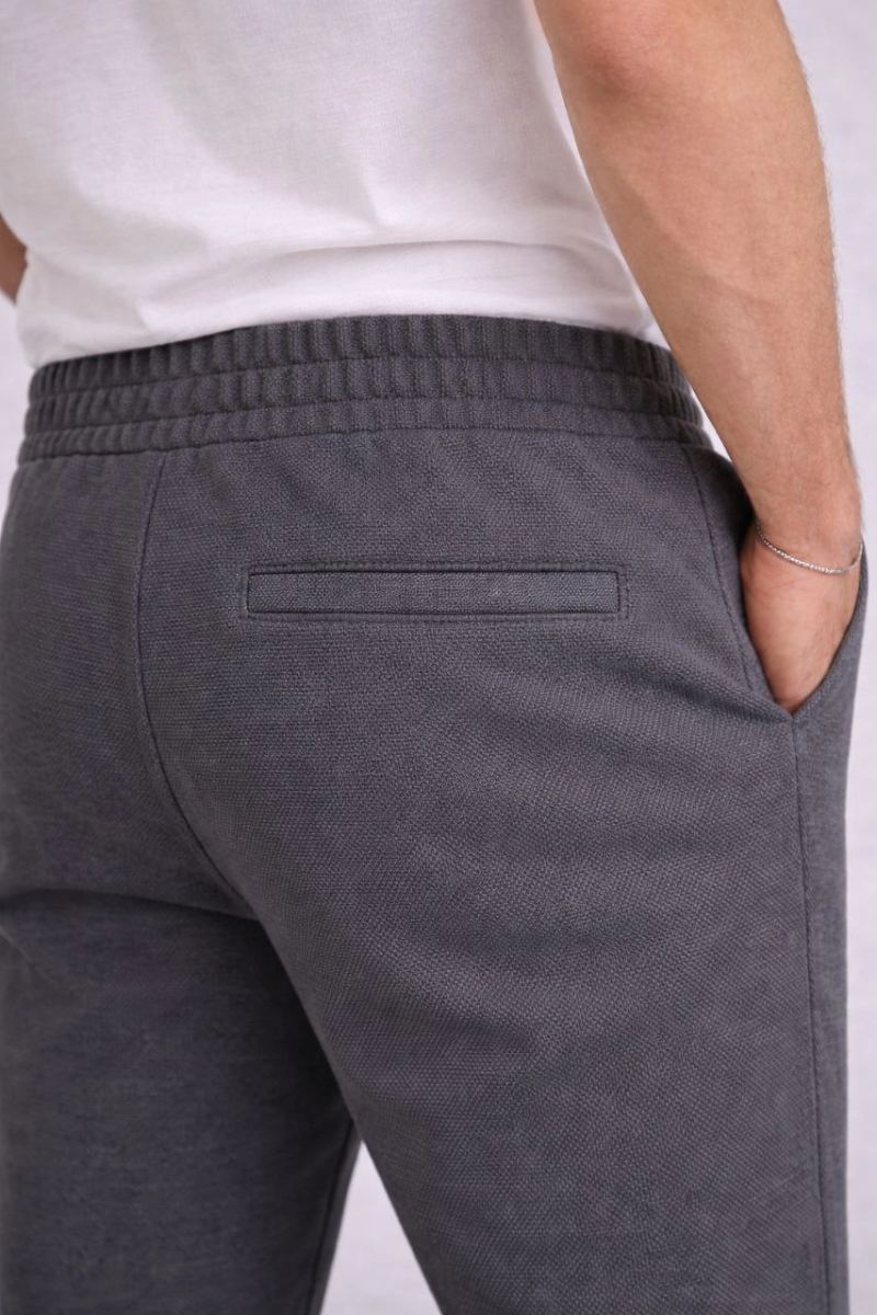 Erkek Diagonel Mikro dokulu Duble Paça Cepli Pantolon, Modern Kesim - Füme