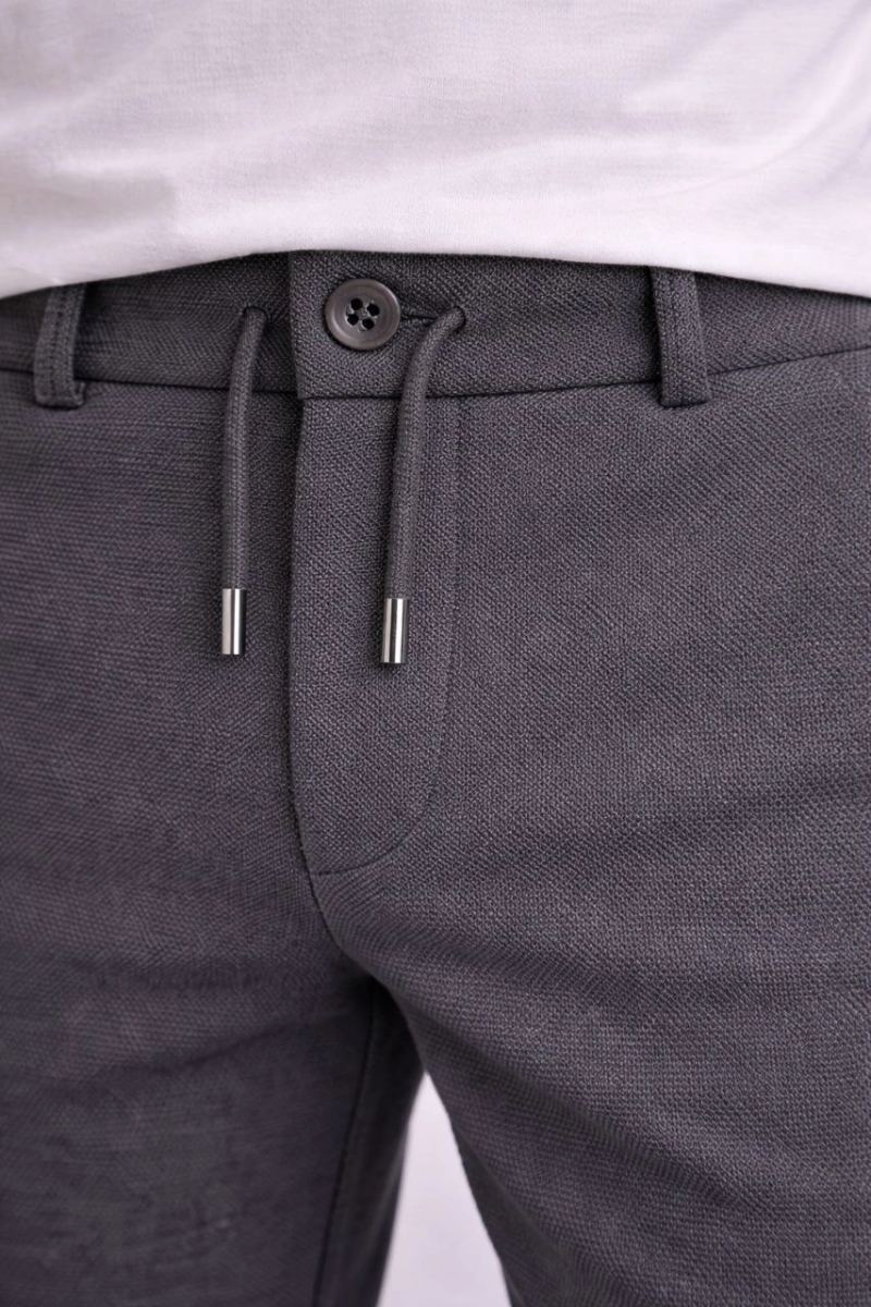 Erkek Diagonel Mikro dokulu Duble Paça Cepli Pantolon, Modern Kesim - Füme