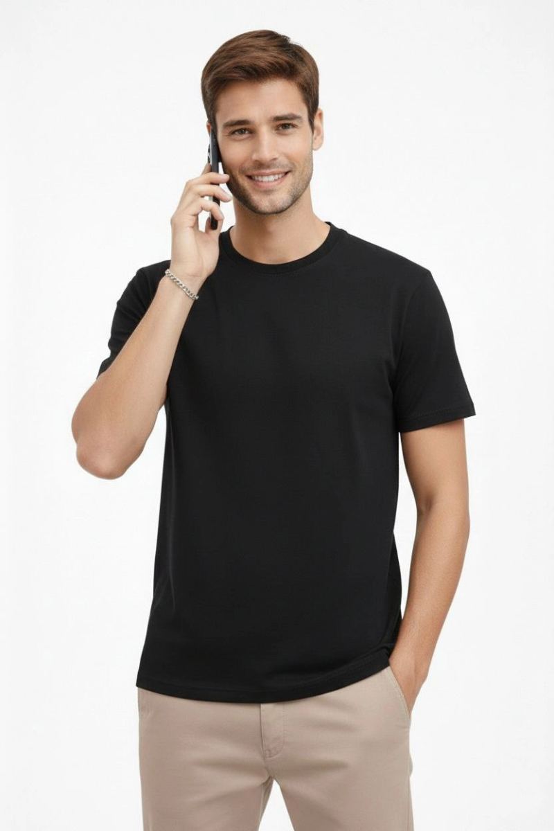 Erkek Bisiklet Yaka Yazlık Kısa kol Düz Tişört Regular Kalıp T-shirt - Siyah