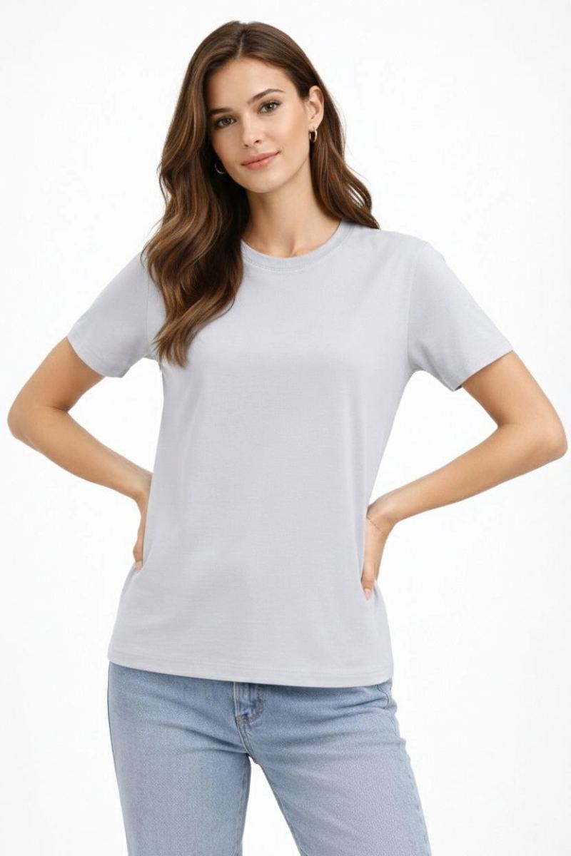 Kadın Bisiklet Yaka Yazlık Kısa kol Düz Tişört Regular Kalıp T-shirt - Gri