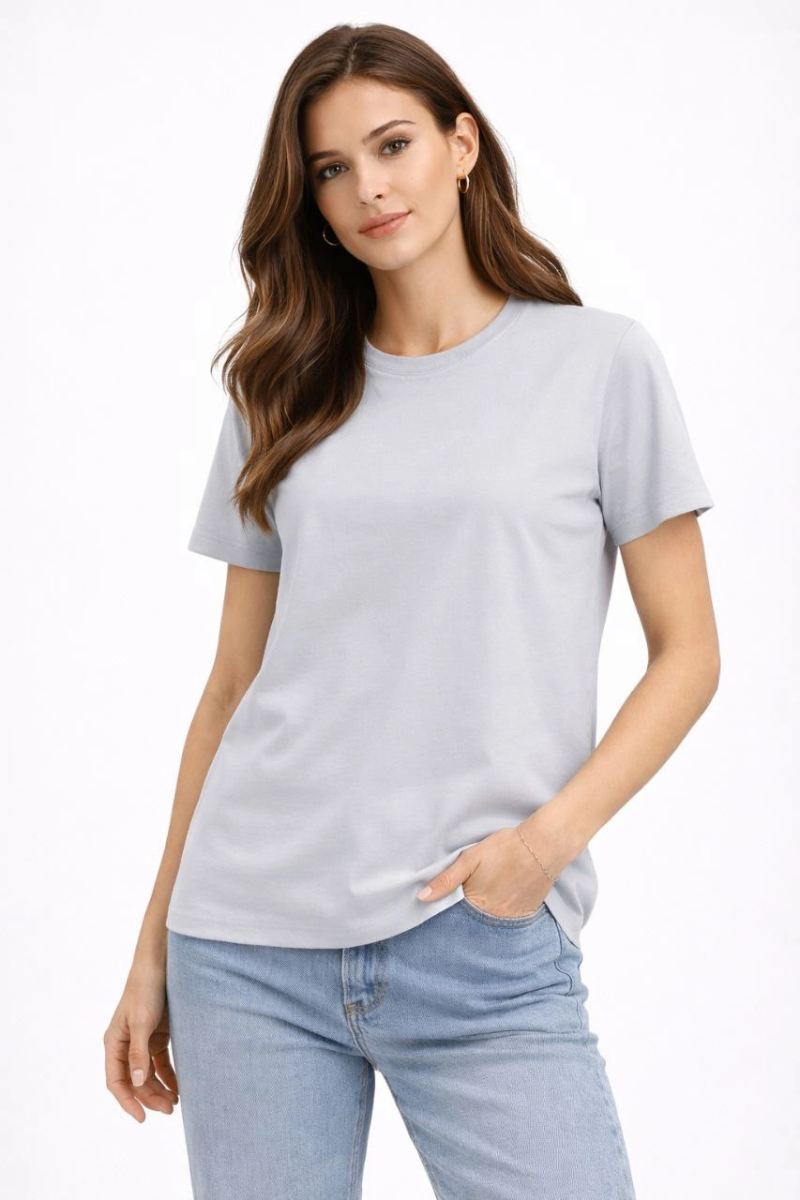 Kadın Bisiklet Yaka Yazlık Kısa kol Düz Tişört Regular Kalıp T-shirt - Gri