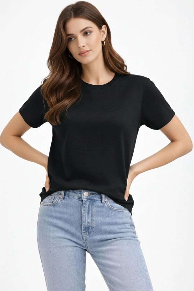 Kadın Bisiklet Yaka Yazlık Kısa kol Düz Tişört Regular Kalıp T-shirt - Siyah