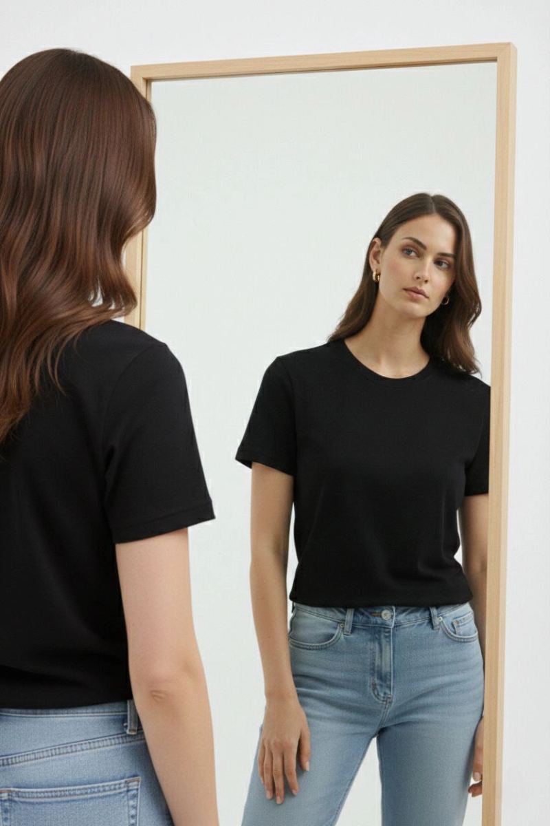 Kadın Bisiklet Yaka Yazlık Kısa kol Düz Tişört Regular Kalıp T-shirt - Siyah