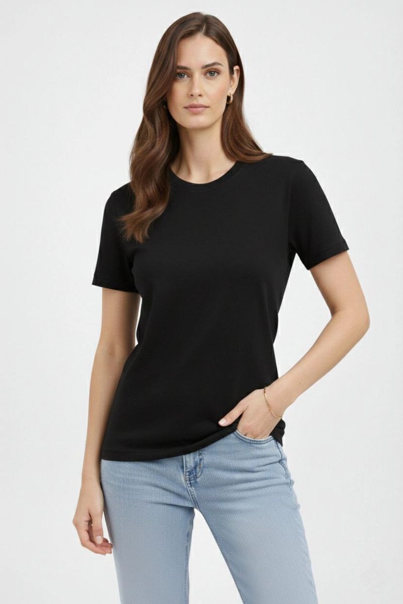 Kadın Bisiklet Yaka Yazlık Kısa kol Düz Tişört Regular Kalıp T-shirt - Siyah
