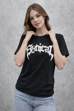 Kadın Kısa Kol Yazlık Tişört Bisiklet Yaka Baskılı Oversize T-Shirt - Siyah