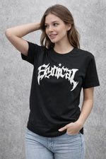 Kadın Kısa Kol Yazlık Tişört Bisiklet Yaka Baskılı Oversize T-Shirt - Siyah