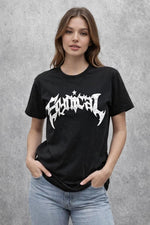 Kadın Kısa Kol Yazlık Tişört Bisiklet Yaka Baskılı Oversize T-Shirt - Siyah