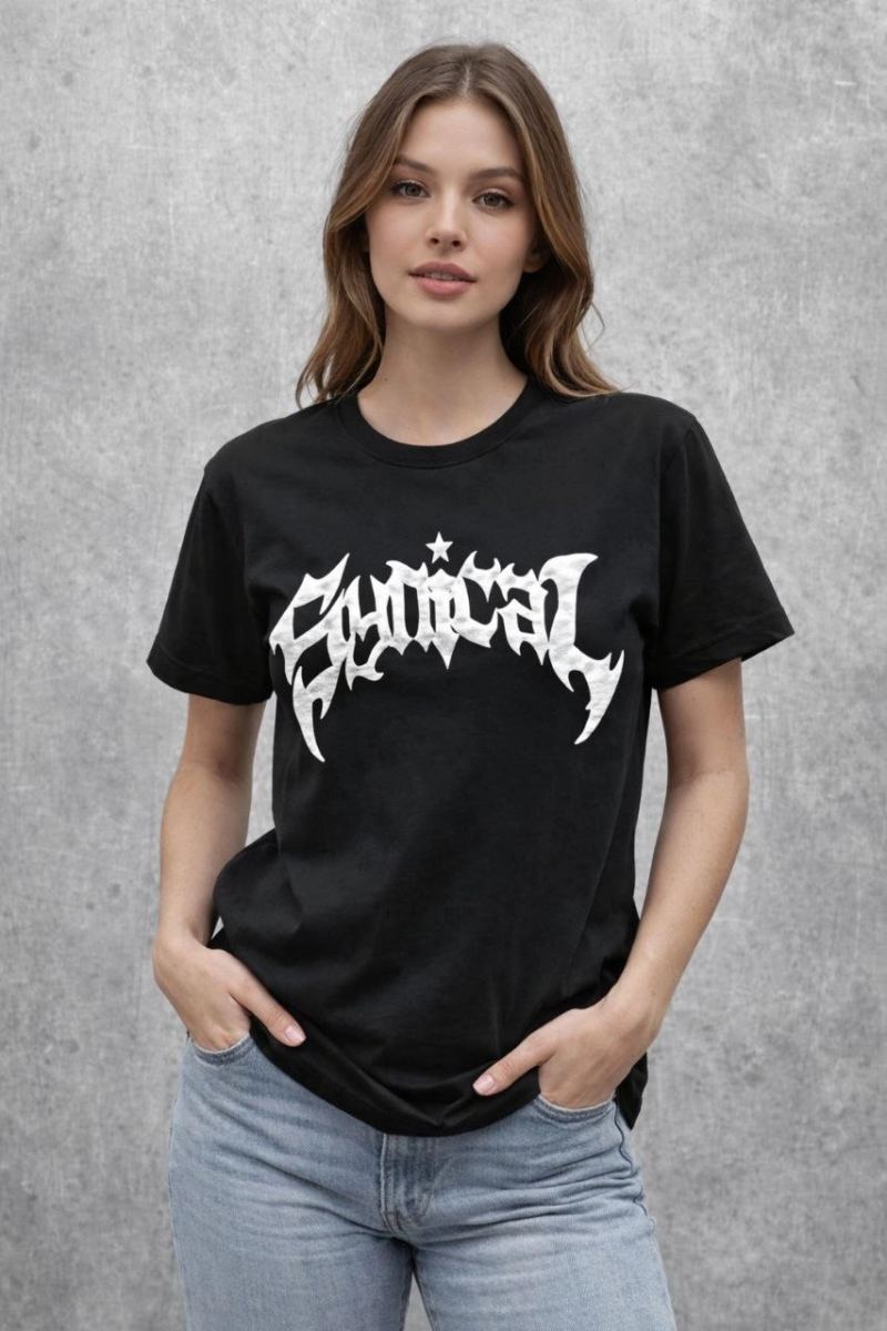 Kadın Kısa Kol Yazlık Tişört Bisiklet Yaka Baskılı Oversize T-Shirt - Siyah