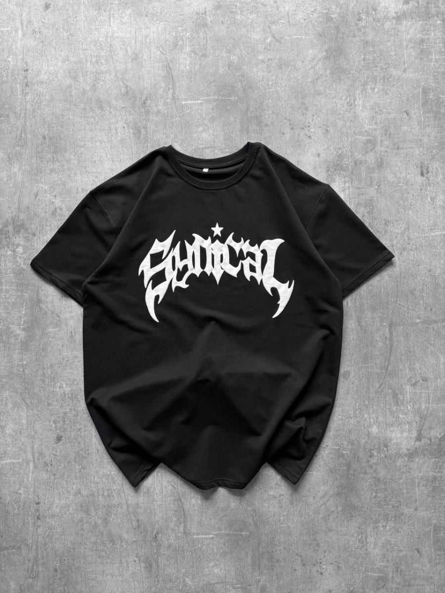 Kadın Kısa Kol Yazlık Tişört Bisiklet Yaka Baskılı Oversize T-Shirt - Siyah