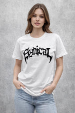 Kadın Kısa Kol Yazlık Tişört Bisiklet Yaka Baskılı Oversize T-Shirt - Beyaz