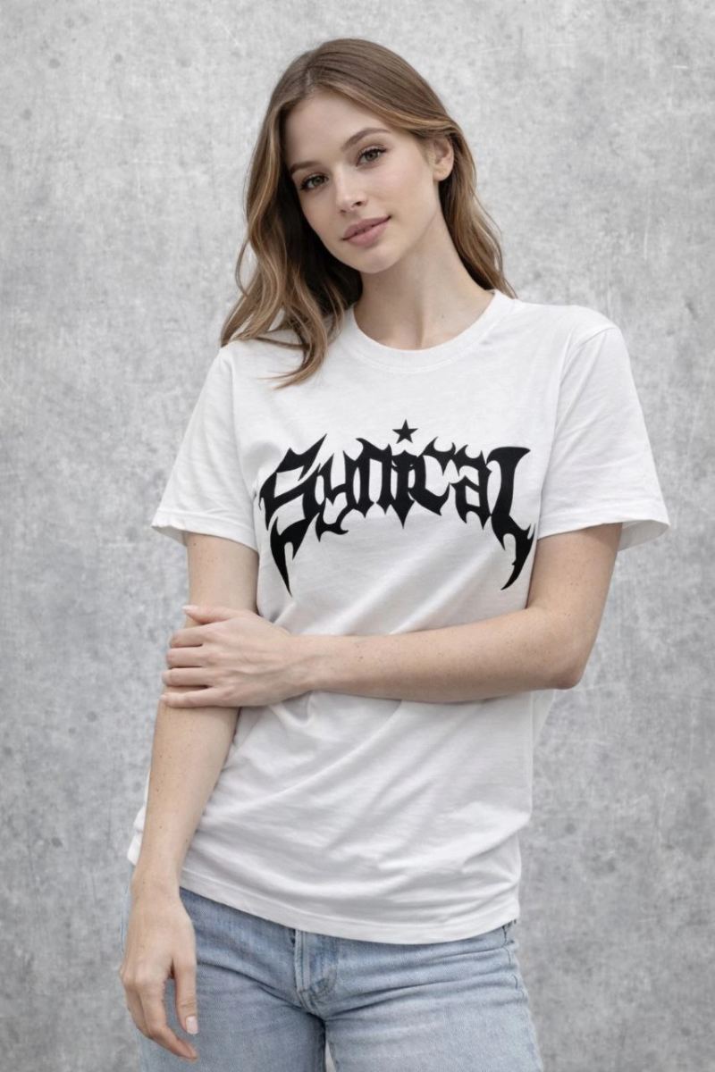 Kadın Kısa Kol Yazlık Tişört Bisiklet Yaka Baskılı Oversize T-Shirt - Beyaz