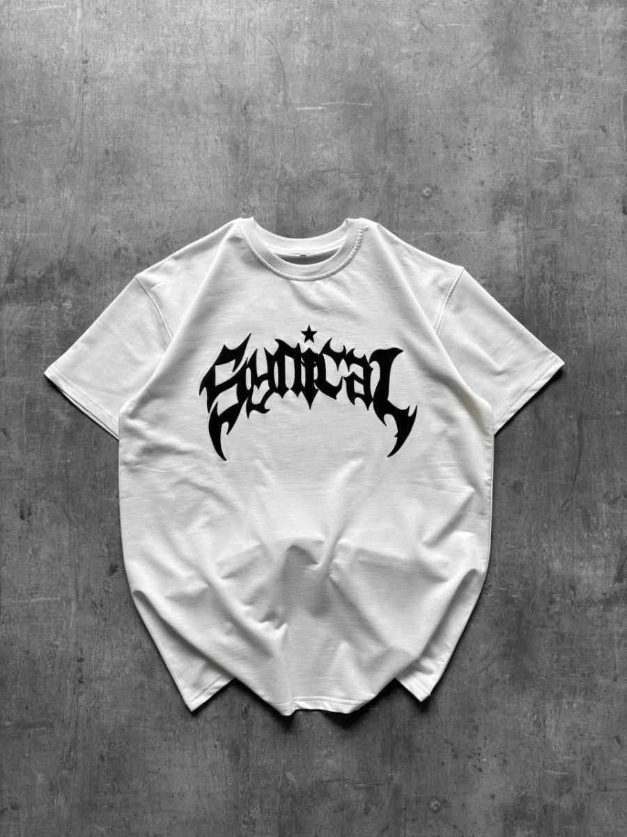 Kadın Kısa Kol Yazlık Tişört Bisiklet Yaka Baskılı Oversize T-Shirt - Beyaz