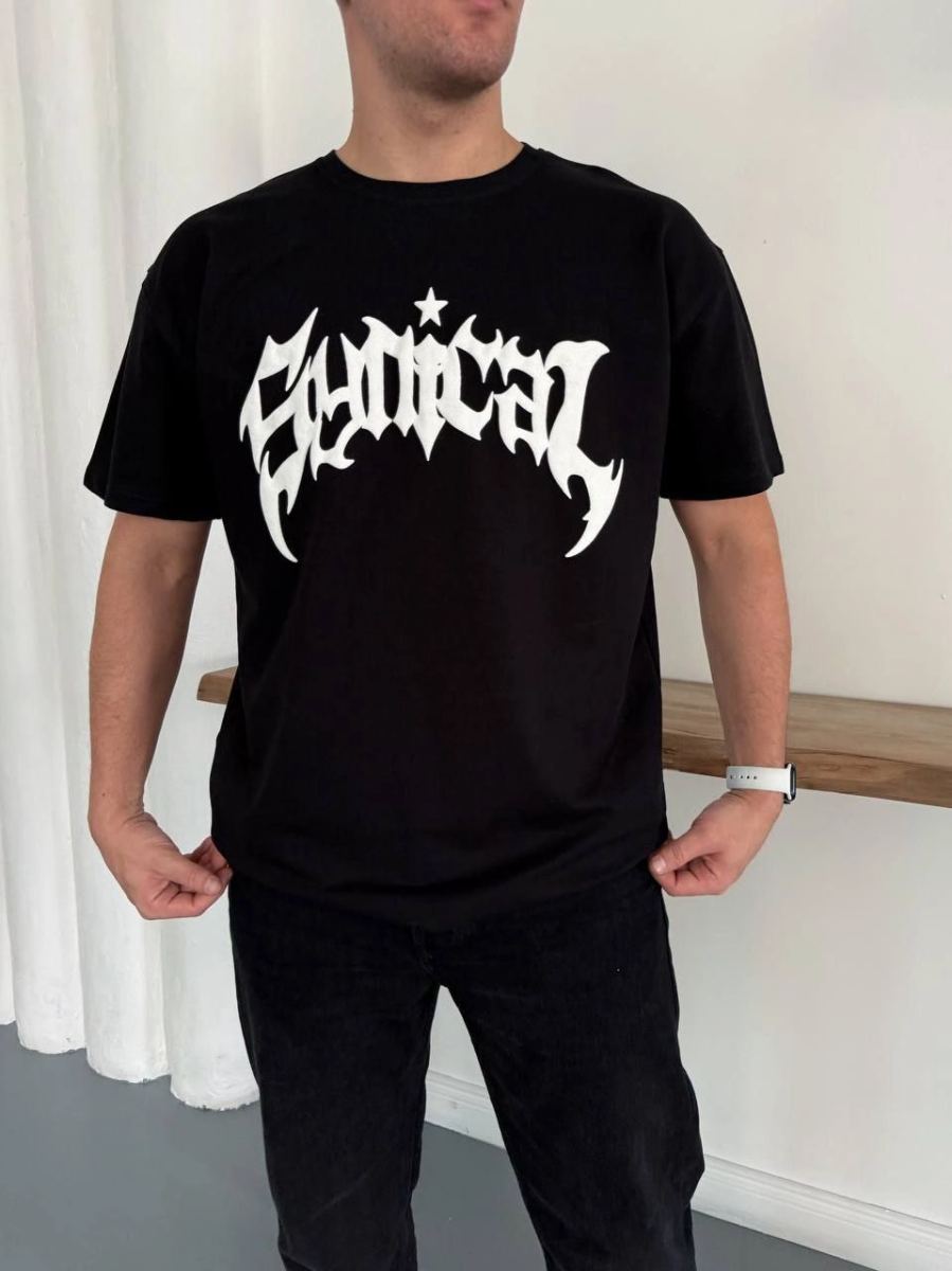 Erkek Kısa Kol Yazlık Tişört Bisiklet Yaka Baskılı Oversize T-Shirt - Siyah
