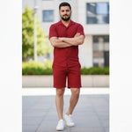 Erkek Waffle Kumaş Kısa Kol Gömlek Şort Takım Regular Yazlık İkili Set - Bordo