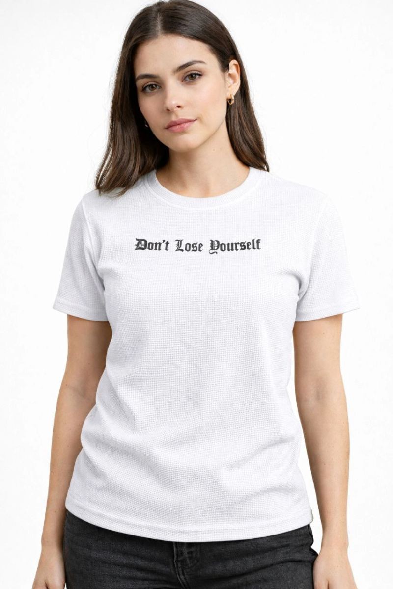 Kadın Wafıl Kumaş Tişört Regular Kalıp Bisiklet Yaka Baskılı T-Shirt - Beyaz