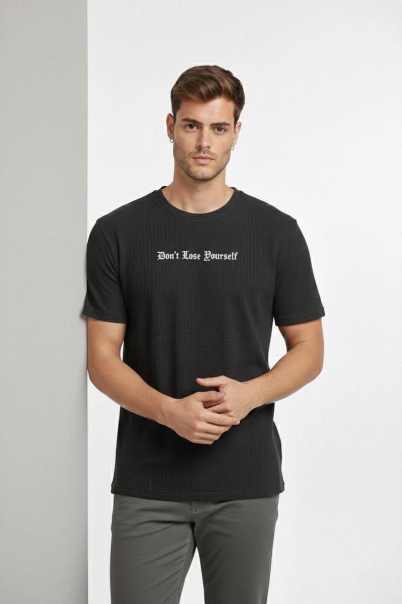 Erkek Wafıl Kumaş Tişört Regular Kalıp Bisiklet Yaka Baskılı T-Shirt - Siyah