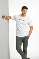 Erkek Wafıl Kumaş Tişört Regular Kalıp Bisiklet Yaka Baskılı T-Shirt - Beyaz