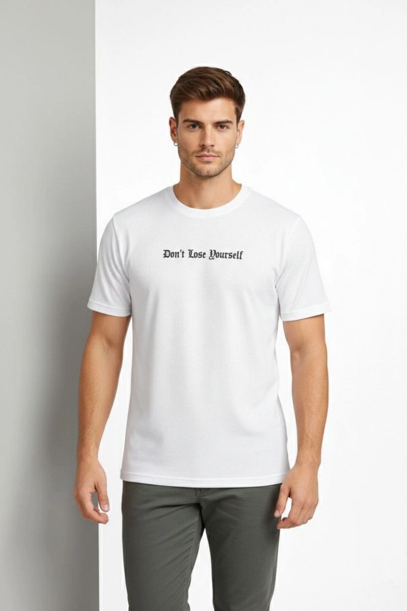 Erkek Wafıl Kumaş Tişört Regular Kalıp Bisiklet Yaka Baskılı T-Shirt - Beyaz