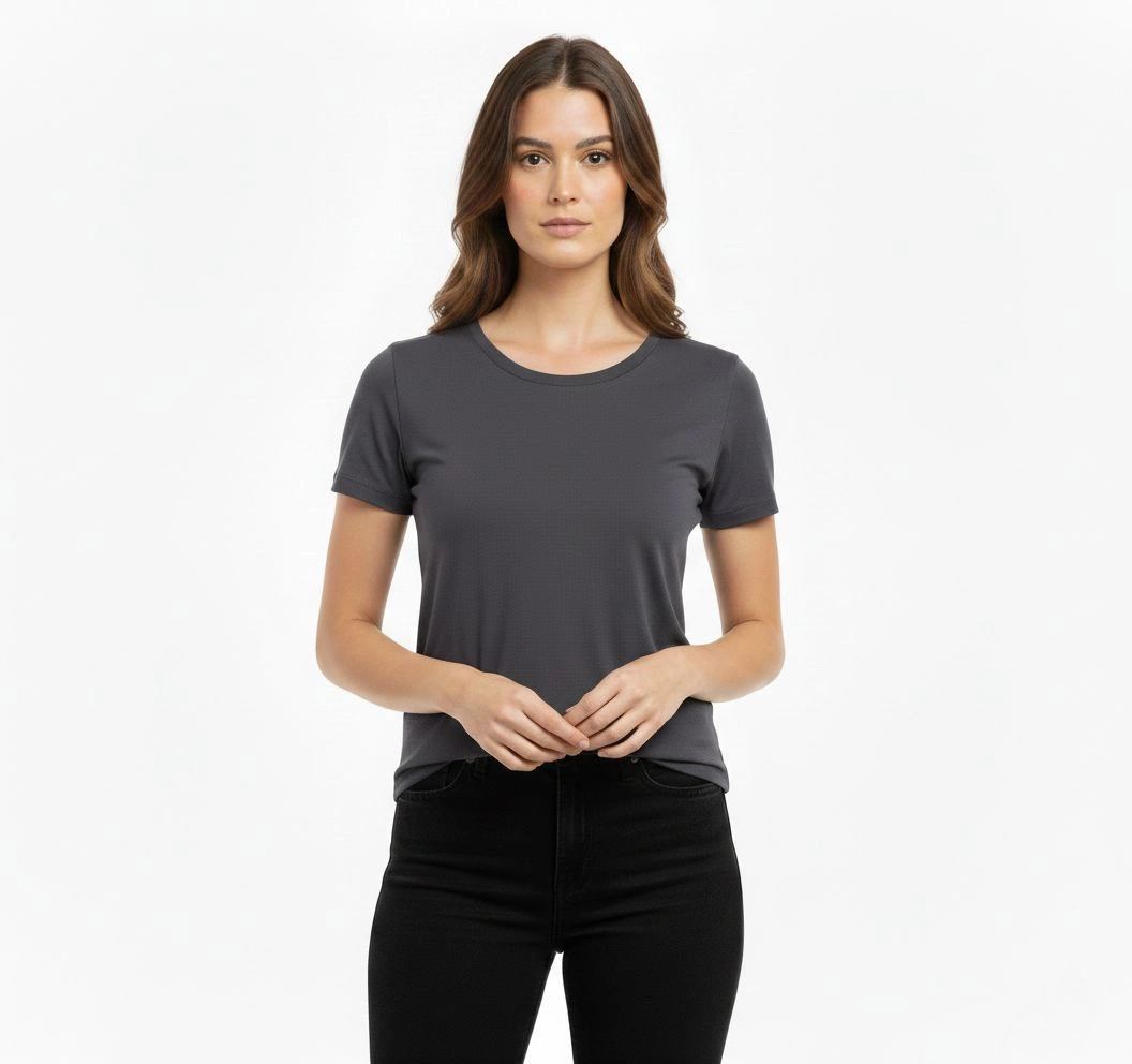 Kadın T-Shirt Bisiklet Yaka Slim Fit Likralı Tişört Yazlık Basic Body - Füme