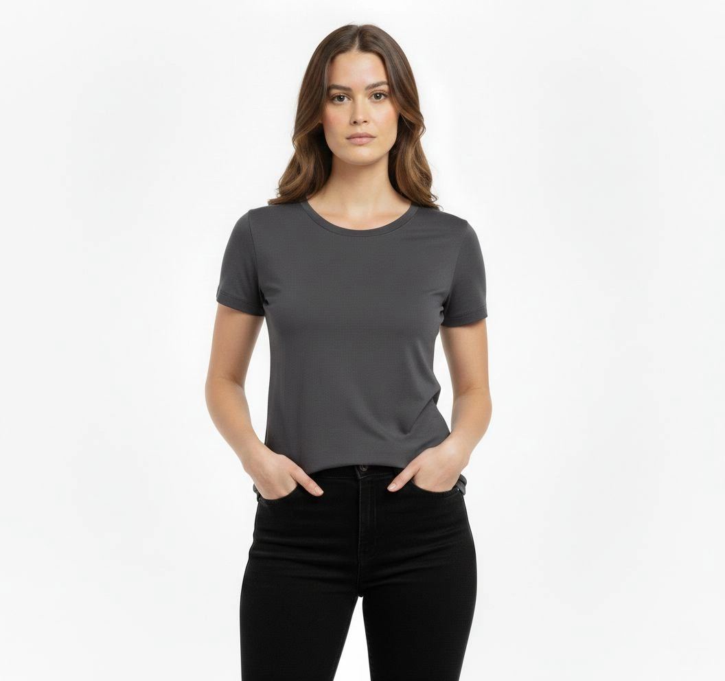 Kadın T-Shirt Bisiklet Yaka Slim Fit Likralı Tişört Yazlık Basic Body - Füme