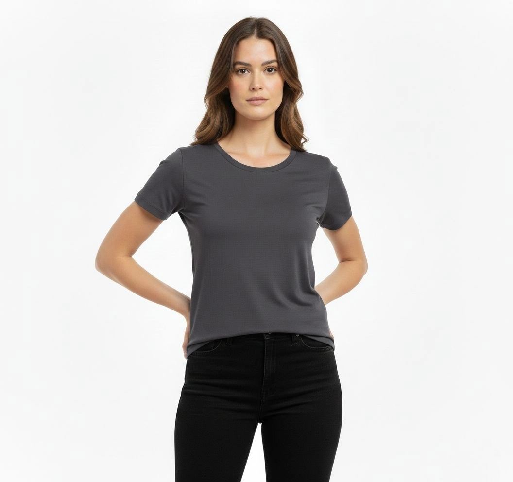 Kadın T-Shirt Bisiklet Yaka Slim Fit Likralı Tişört Yazlık Basic Body - Füme