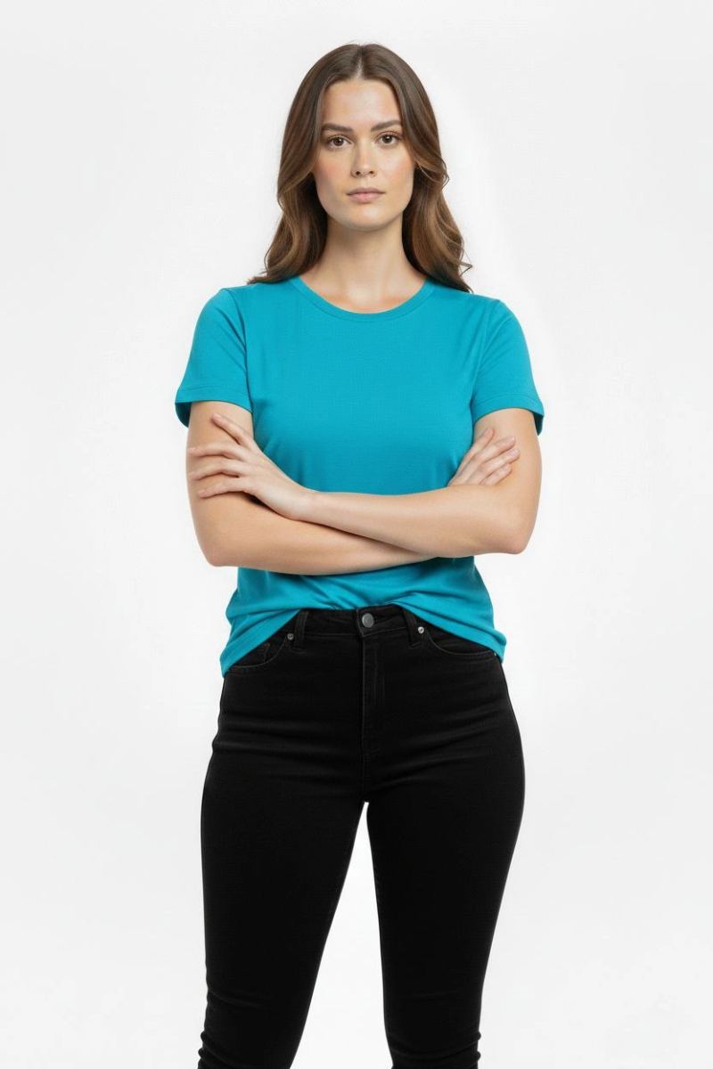 Kadın T-Shirt Bisiklet Yaka Slim Fit Likralı Tişört Yazlık Basic Body - Turkuvaz
