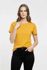 Kadın T-Shirt Bisiklet Yaka Slim Fit Likralı Tişört Yazlık Basic Body - Sarı
