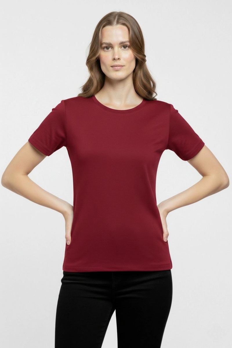 Kadın T-Shirt Bisiklet Yaka Slim Fit Likralı Tişört Yazlık Basic Body - Bordo