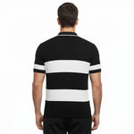 Erkek T-shirt Çizgili Triko Kumaş Polo Yaka Yarım Fermuarlı Kısa Kol Tişört - Siyah