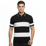 Erkek T-shirt Çizgili Triko Kumaş Polo Yaka Yarım Fermuarlı Kısa Kol Tişört - Siyah
