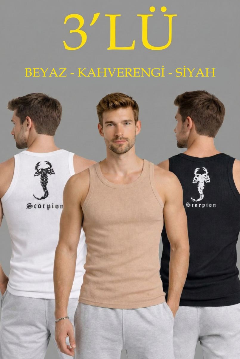 Erkek Spor Fitilli Kaşkorse Arka Basklı Atlet 3'lü Set Beyaz-Siyah-Kahverengi